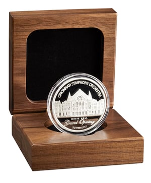 Fine silver Music Hall coin in wood box